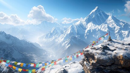 The colossal, snow-covered expanse of the Himalayas, with prayer flags on a rocky outcrop in the foreground, crystal clear air, hyper-detailed, sense of immense scale, wide-angle lens