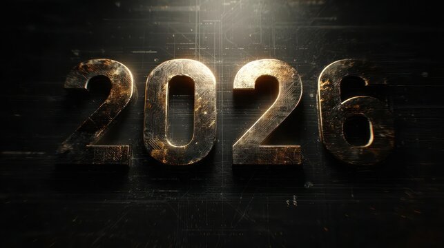 Golden 3d numbers 2026 illuminated by dramatic spotlight on dark textured background