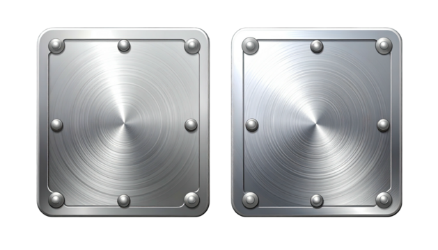 Two metal squares with rivets and a radial texture - Powered by Adobe