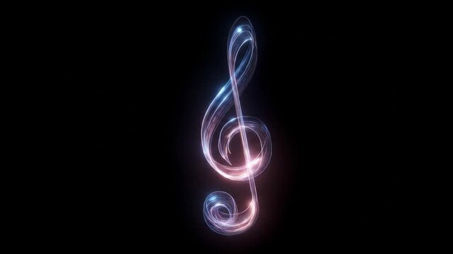 A neon-glow treble clef spirals in pinks and purples, casting luminous loops against black in glows