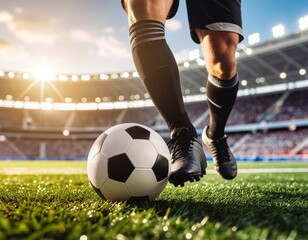 Fototapeta premium Football Player Dribbling on Grass Field at Stadium - Close Up Low Angle