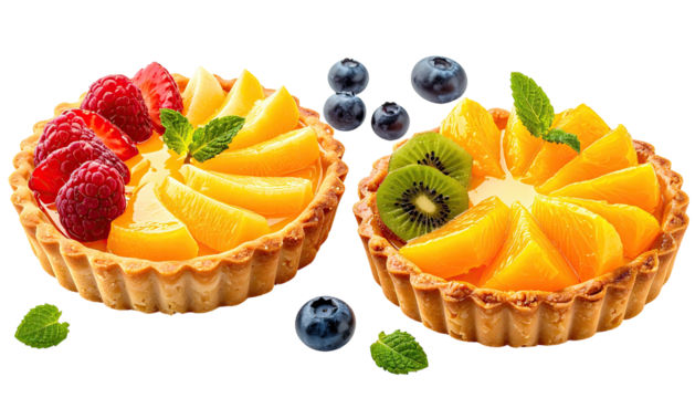 Two fruit tarts with berries, kiwi and mango slices on black