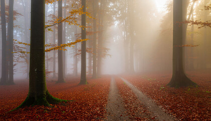 Softly blurred maple forest glowing with amber light, cinematic atmosphere, gentle motion blur effect.