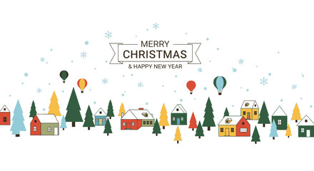 Festive Christmas village scene with snow and whimsical hot air balloons, perfect for holiday cards, social media posts, and winter event promotions