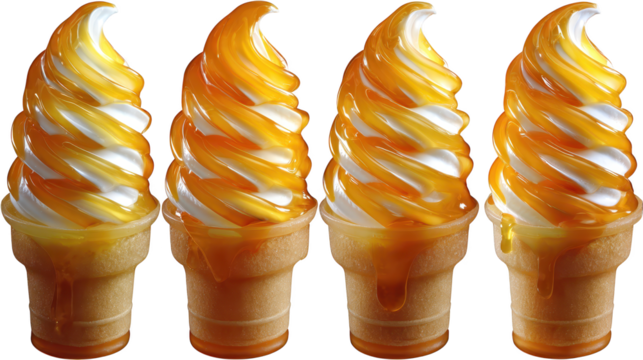 Four ice cream cones present delightful frozen dessert colorful scoops of ice cream are stacked on crispy cones