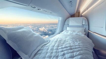 The empty, quiet first-class cabin of an airplane mid-flight, above the clouds. A lie-flat seat is made up with a duvet and pillow, ready for rest. The ultimate in business travel comfort.