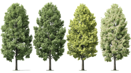 Four distinct tree types stand together in nature variety of trees depicted highlighting their unique forms