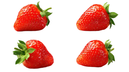 Four fresh strawberries with green leaves are shown these ripe red fruits perfect for eating are displayed