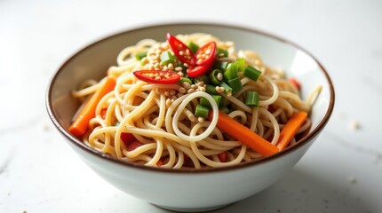 Delicious bowl of asian noodles with fresh vegetables and chili peppers