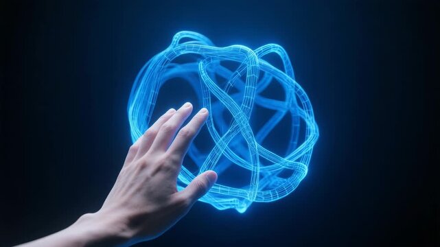 Hand Reaching Out to Touch Glowing Holographic Digital Network, Symbolizing Technology and Innovation in Futuristic Atmosphere