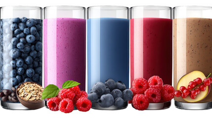 Vibrant fruit smoothies arrayed for refreshing enjoyment smooth fruit beverages presented in an appealing row