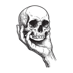 Hand Holding Human Skull Engraving Vector Illustration