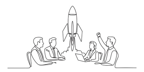 Continuous one line drawing of business team meeting and celebrating successful startup launch with a rocket, symbolizing innovation, growth, and strategic triumph Vector
