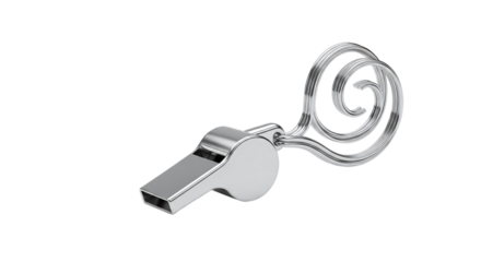 Shiny silver whistle with a decorative spiral on a transparent background, perfect for sports, safety, or signaling needs isolated on transparent background