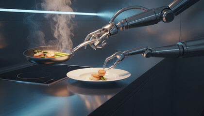 Robotic Chef Arm &mdash; AI Cooking Assistant in Futuristic Kitchen