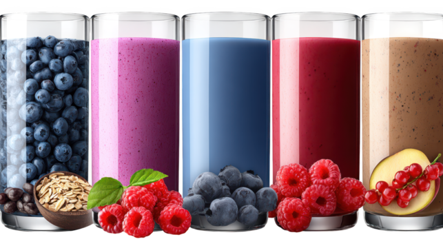 Vibrant fruit smoothies arrayed for refreshing enjoyment smooth fruit beverages presented in an appealing row