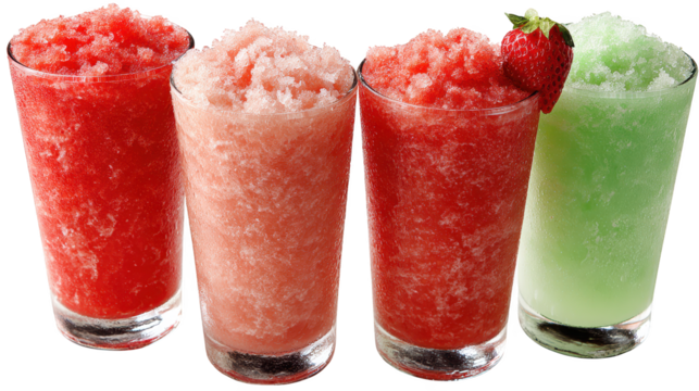 Four glasses hold colorful refreshing beverages various colored drinks served in clear glass containers