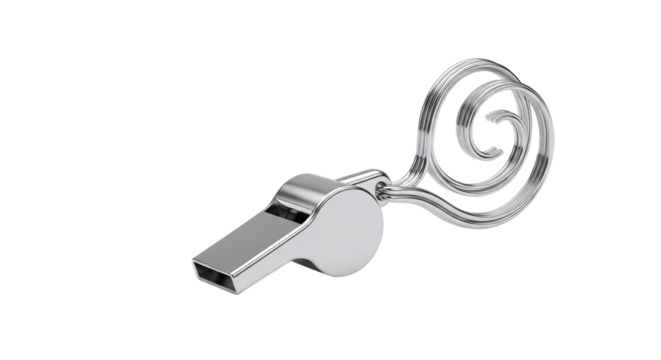 Shiny silver whistle with a decorative spiral on a transparent background, perfect for sports, safety, or signaling needs isolated on transparent background