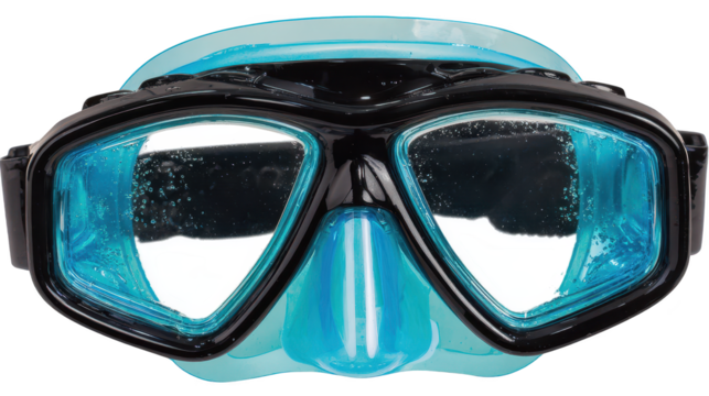 Scuba mask features blue and black frame design underwater viewing gear includes blue and black framed mask