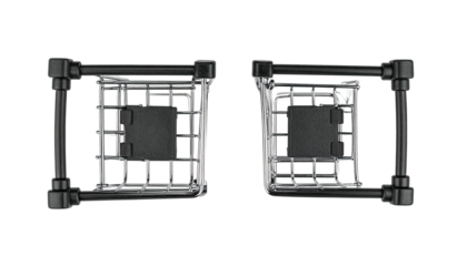 Two wire baskets sit on black surfaces. Aerial view