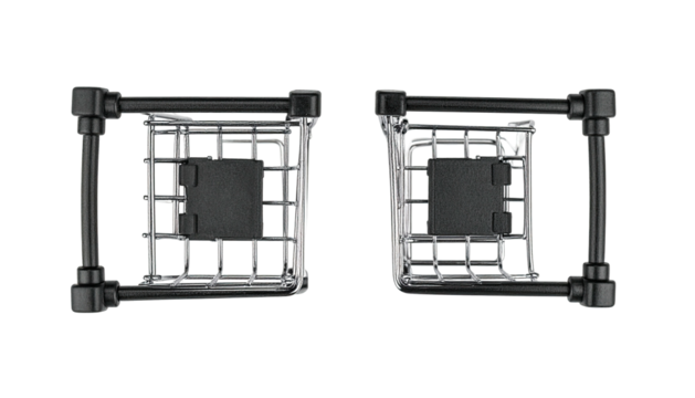 Two wire baskets sit on black surfaces. Aerial view