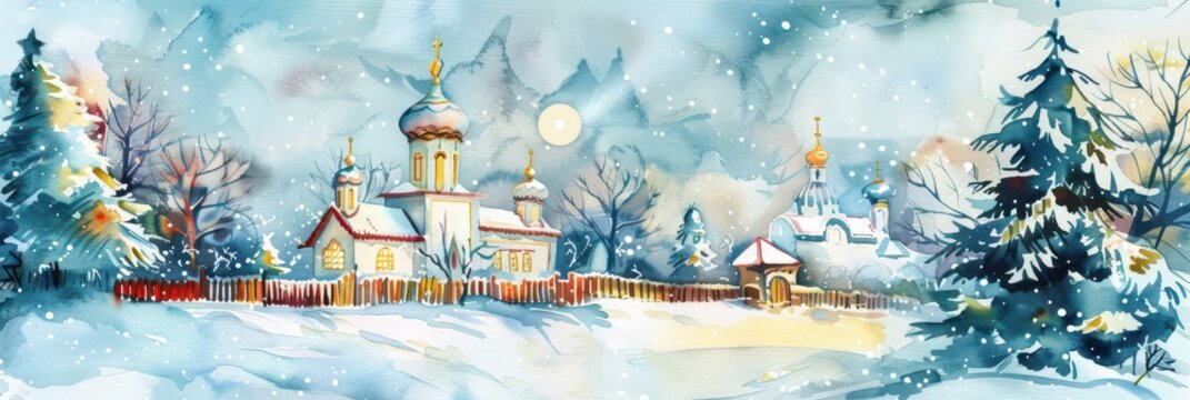 Idyllic orthodox christmas scene with snowy village and churches for holiday greeting cards. Horizontal banner. Copy space. Watercolor illustration. Free space for text