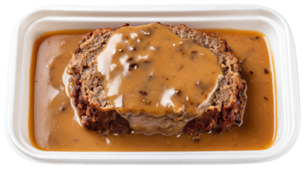 Prepared meat entre in white container ready to eat cooked meat portion presented in plain white container