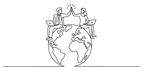 Continuous line drawing of two professionals high-fiving on a globe with laptops. global business teamwork, digital success, and international collaboration. Vector