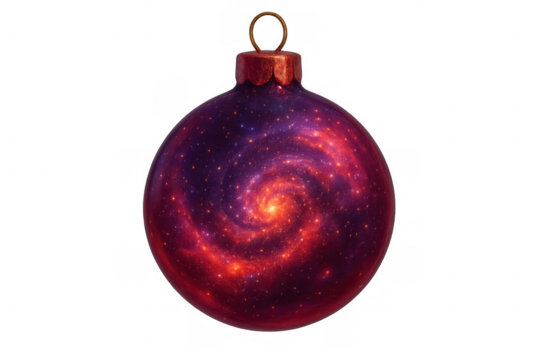 Christmas ornament showing a swirling galaxy and stars, cosmic holiday decoration with a universe inside