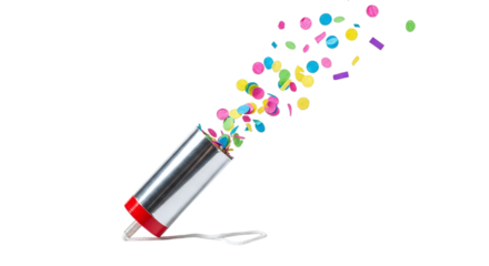 Colorful confetti popper exploding on a transparent background, perfect for celebrations, parties, and special occasions isolated on transparent background