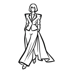 Fototapeta premium Chic businesswoman exudes confidence in modern, flowing pantsuit, embodying professional style and empowerment.