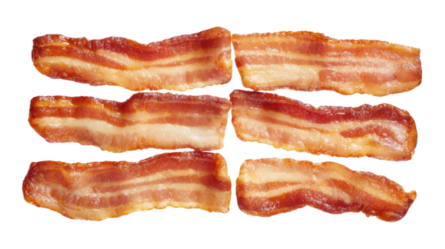 Crispy bacon strips are presented on dark background arrangement of cooked bacon strips highlights texture