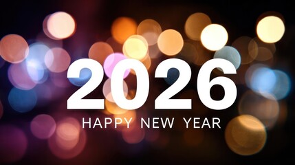 Bright and festive 2026 happy new year text overlay on a bokeh background of colorful blurred lights