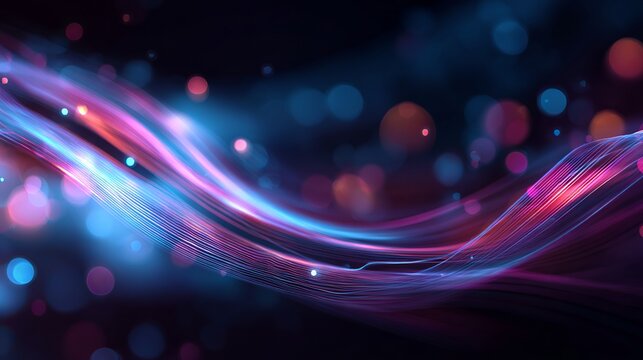 Dynamic neon light trails flow through abstract digital space with glowing bokeh effects, creating a vibrant, futuristic atmosphere for technology and design.