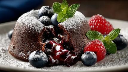 Indulgent chocolate lava cake oozing molten center with fresh berries and mint garnish, a decadent dessert delight