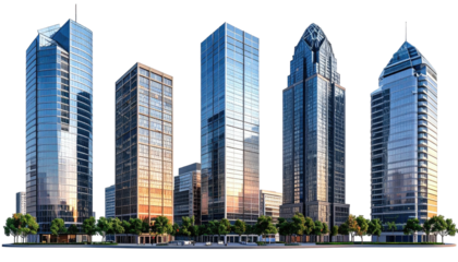 Skyline five modern skyscrapers at sunset