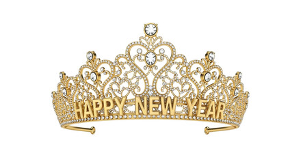 Golden happy new year tiara isolated on transparent background, a festive headwear for celebrations, parties, or special events, adding a touch of glamour