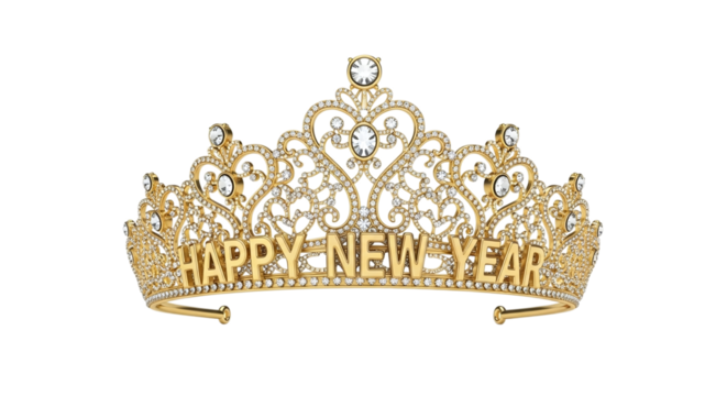 Golden happy new year tiara isolated on transparent background, a festive headwear for celebrations, parties, or special events, adding a touch of glamour