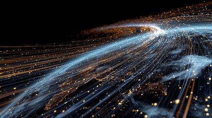 Dynamic glowing light trails swirl through abstract digital network, representing data flow and futuristic connectivity