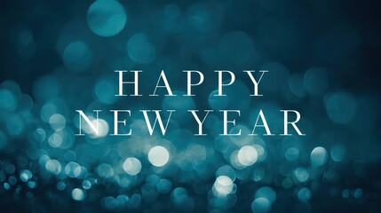 Elegant happy new year text overlay on a dark teal bokeh background with shimmering lights and festive sparkle