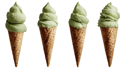Four ice cream cones topped with vibrant green creamy dessert three cones adorned with green toppings