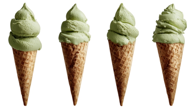 Four ice cream cones topped with vibrant green creamy dessert three cones adorned with green toppings