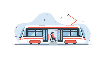 An illustration depicts a modern tram with a person in a wheelchair, emphasizing accessibility and inclusive public transportation for all citizens.