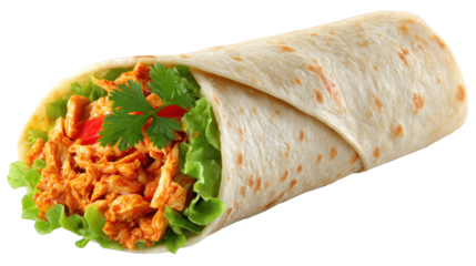 Chicken burrito presented on sleek black background delicious burrito features tender chicken and crisp lettuce