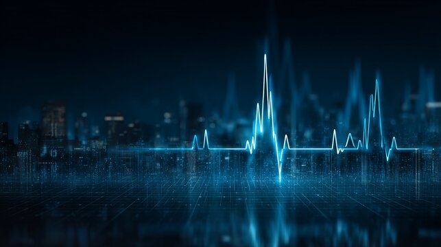 Dynamic blue digital heartbeat pulse over futuristic city skyline at night, symbolizing innovation and data flow