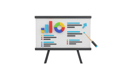 3d rendering of a presentation board displaying colorful charts and graphs for business analysis and strategic planning in a modern style on transparent background