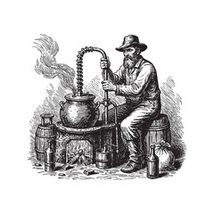 Man Operating Moonshine Still Alcohol Engraving Vector Illustration