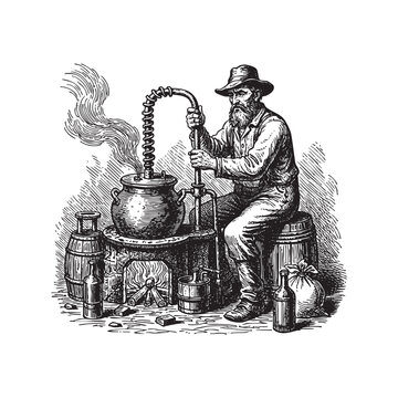 Man Operating Moonshine Still Alcohol Engraving Vector Illustration