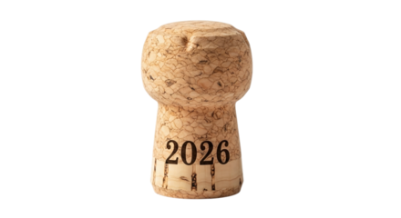 Champagne cork with the year 2026 printed on it isolated on transparent background, symbolizing a future celebration or milestone