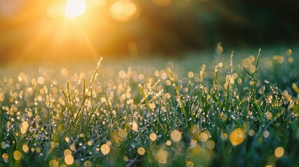 A close-up of morning grass covered in sparkling dew droplets catching the first light of dawn